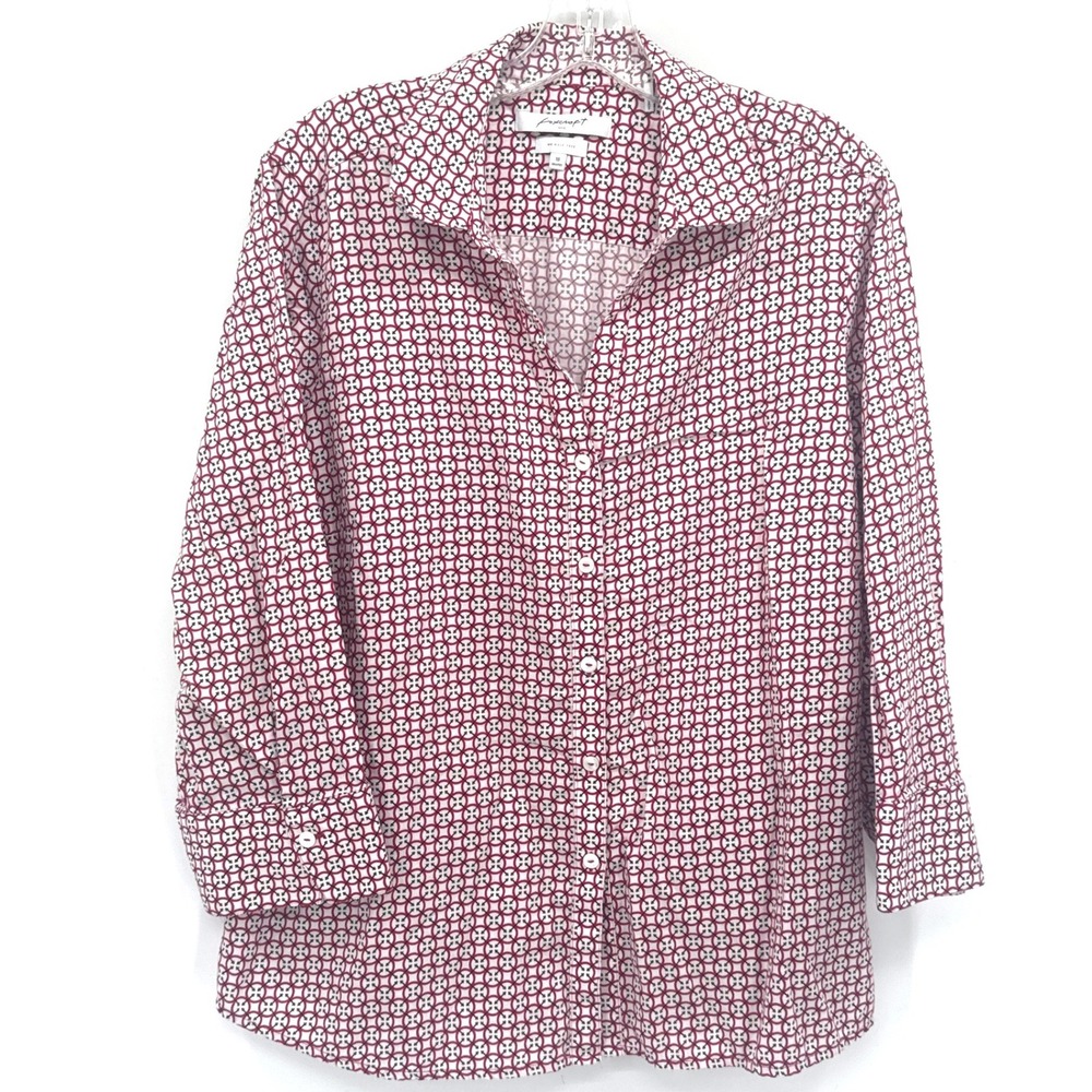 Foxcroft Womens Button Down Shirt 18 Red Geometric Wrinkle Free 100% Cotton